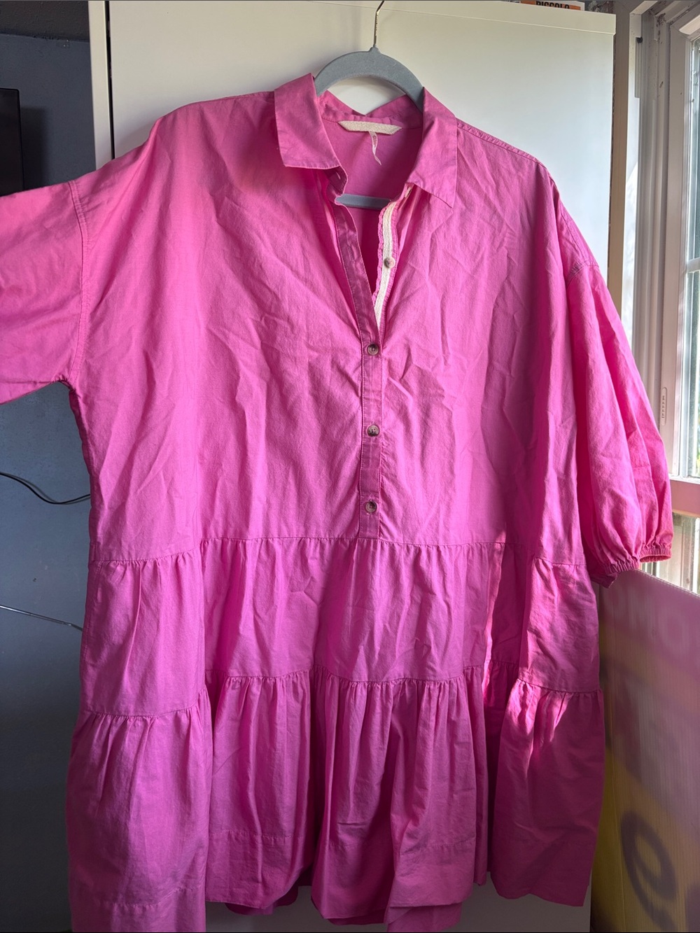 Free People Bright Hot Pink Tiered Button-Front Mini Oversized Fit Dress